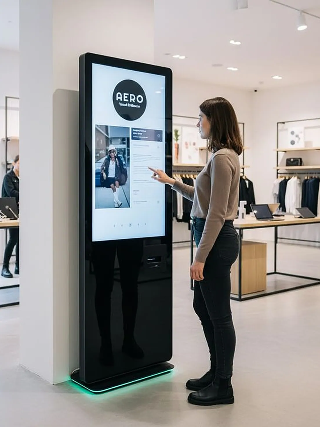 Écran publicitaire tactile installé dans une boutique de prêt-à-porter